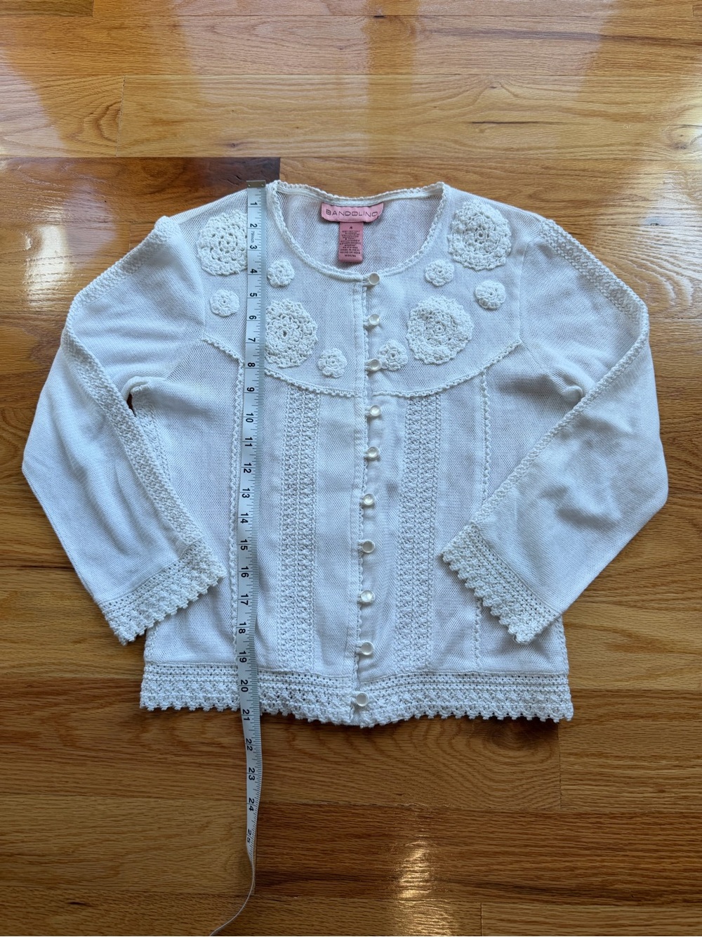 Bandolino White Knit Women's Cardigan with Crochet Edge-  Quarter Sleeve-Size 4 - Picture 8 of 9